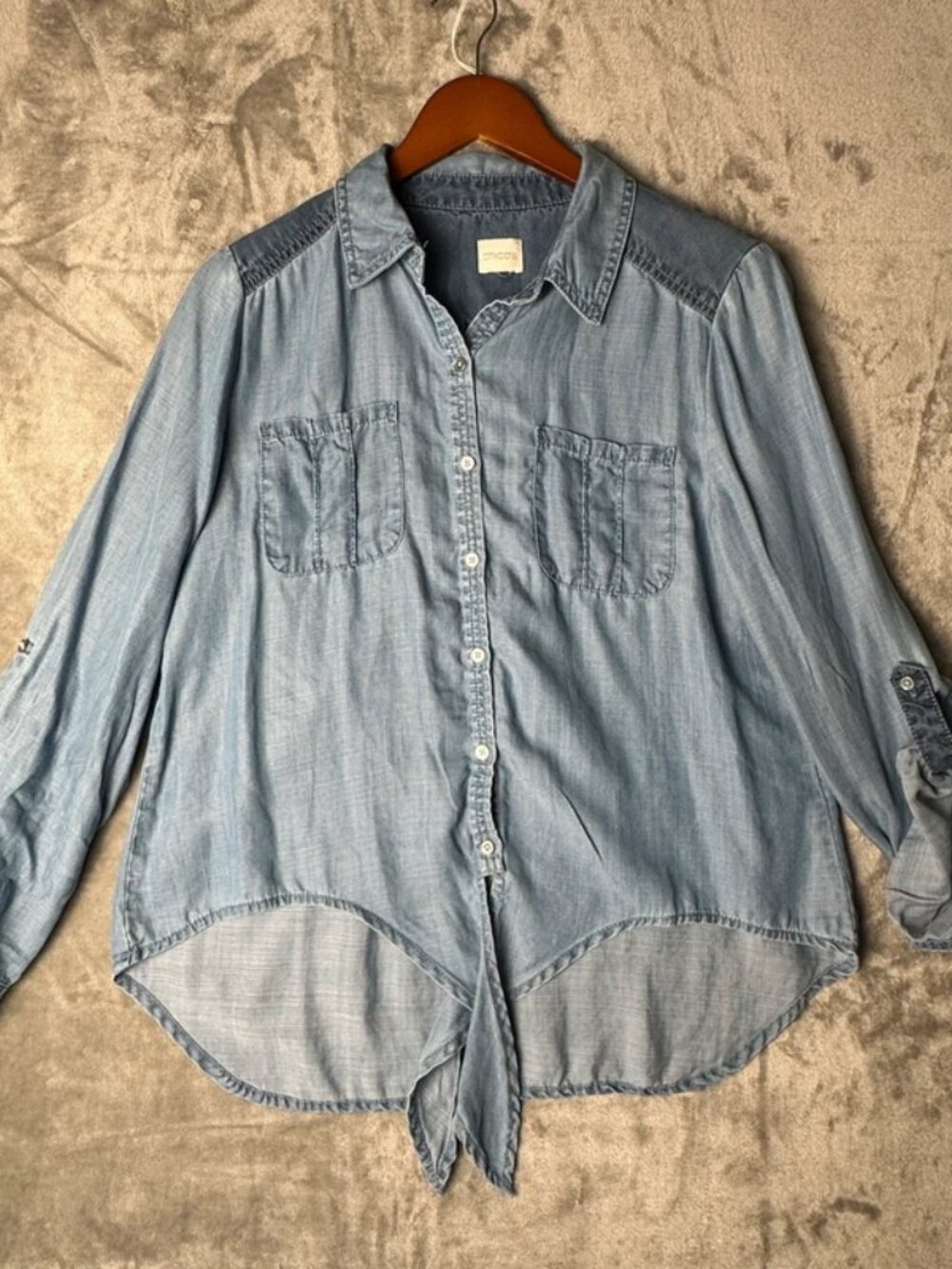 Chico’s Blue Tencel Button Down Shirt, Women's Size 2 Large Tie Front Roll Tab S